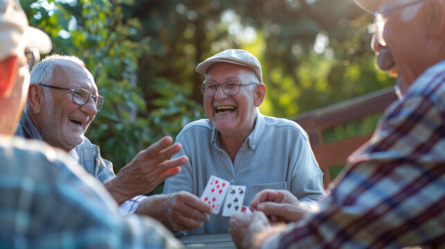 Senior men with smiles engage in a card game outdoors.