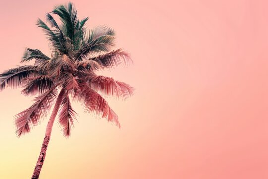 A palm tree stands tall with a vibrant pink sky in the background, creating a striking contrast of colors in the landscape