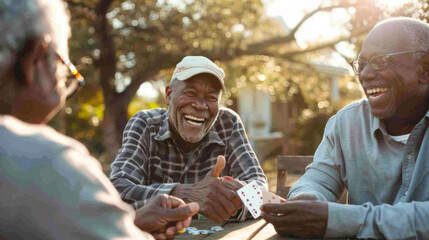 Senior men with smiles engage in a card game outdoors. - Powered by Adobe