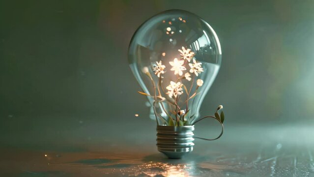 Creative concept of a light bulb with white flowers inside on a dark moody background.