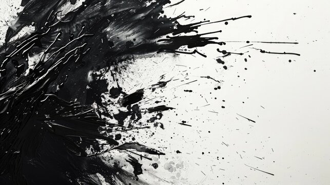 A monochrome image is created by splashing black ink on white watercolor paper.