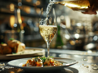 Pouring white wine into a glass with appetizer, closeup - Powered by Adobe