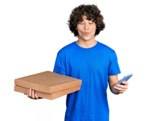 Caucasian teenager holding delivery package and showing smartphone screen making fish face with mouth and squinting eyes, crazy and comical.