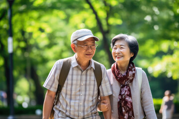 senior asian couple enjoying good time outdoors in park , happy and smiling