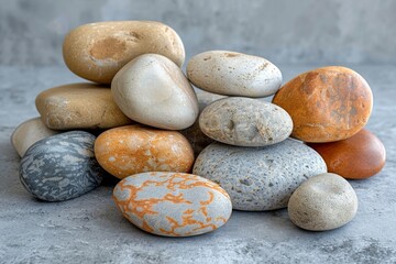 Fototapeta na wymiar Collection of smooth, multi-colored river stones with a serene appearance.