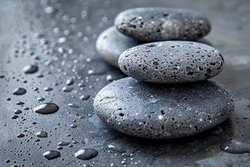 Fototapeta na wymiar Black spa stones with water droplets on a dark, wet surface.
