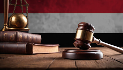 Justice gavel on Yemen flag. Law and justice in Yemen. Rights of citizens.