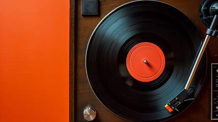 top view of a retro vinyl record player on orange background