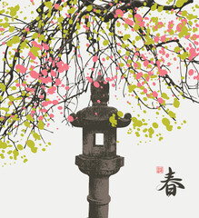 spring landscape in the style of Japanese or Chinese watercolors with blossom sakura tree branches and a Japanese stone lantern. Hieroglyphs translated spring - 765855822