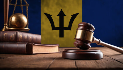 Justice gavel on Barbados flag. Law and justice in Barbados. Rights of citizens.