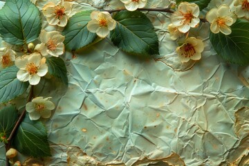 Pressed white flowers with green leaves on a turquoise cracked background.