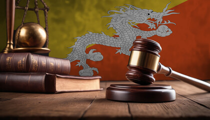 Justice gavel on Bhutan flag. Law and justice in Bhutan. Rights of citizens.