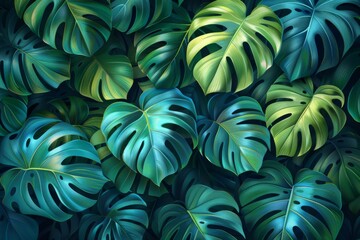 Lush tropical leaves in various shades of green forming a dense pattern.