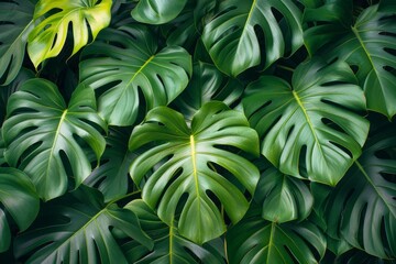 Fototapeta na wymiar Lush tropical leaves in various shades of green forming a dense pattern.