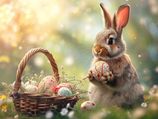 A rabbit is sitting in a basket full of Easter eggs