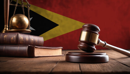 Justice gavel on East Timor flag. Law and justice in East Timor. Rights of citizens.
