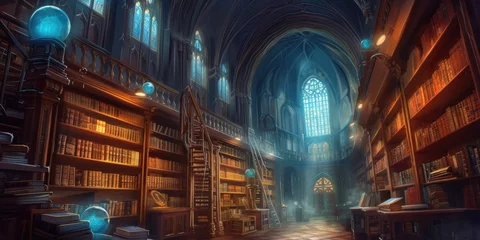 Cercles muraux Vieil immeuble An ancient library filled with magical books, glowing orbs, and mystical artifacts. Shelves reach up to a high, vaulted ceiling, with soft light filtering through stained glass windows. Resplendent.