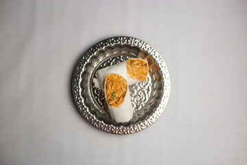 Chicken Shawarma wraps filling with mayo sauce served in plate isolated on background top view of bangladeshi, indian and pakistani traditional spicy food - obrazy, fototapety, plakaty