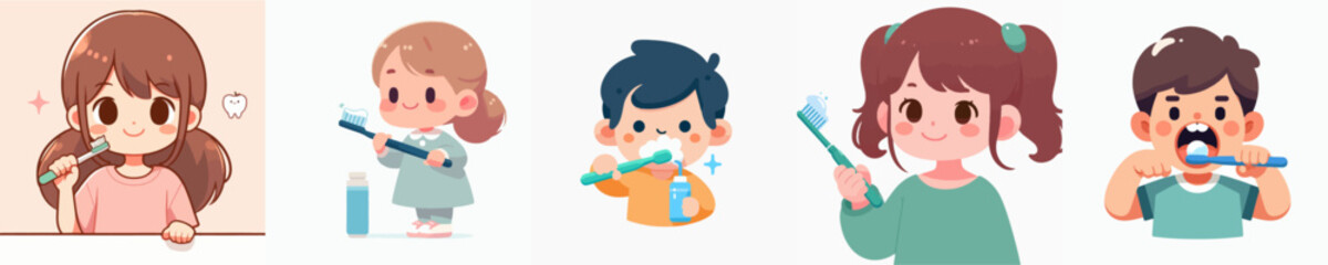 set vector illustration of kids brushing his teeth in flat design style