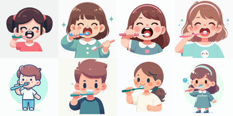 set vector illustration of kids brushing his teeth in flat design style