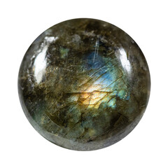 close up of sample of natural stone from geological collection - polished labradorite ball isolated on white background