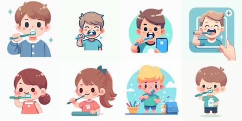 set vector illustration of kids brushing his teeth in flat design style