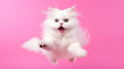 happy cat jumping in the air on pink background