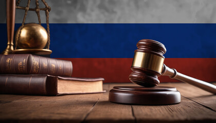 Justice gavel on Russia flag. Law and justice in Russia. Rights of citizens.