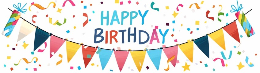 colorful birthday banner with the text "HAPPY BIRTHDAY", isolated on white background Generative AI