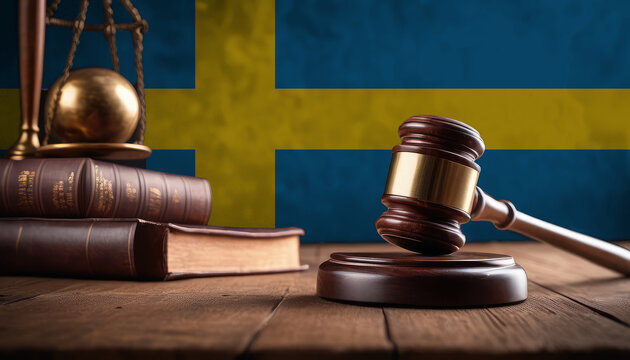 Justice gavel on Sweden flag. Law and justice in Sweden. Rights of citizens.