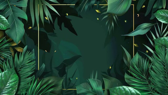 Elegant seamless looping footage showcasing the graceful movement of forest plant leaves against a backdrop of deep green with golden borders.