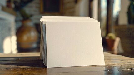 A UHD capture of a stack of blank white greeting cards arranged neatly on a table, offering a blank canvas for adding branding or custom designs.