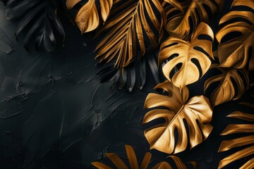 Black and gold background adorned with lush tropical leaves in various shades of green, creating a vibrant and luxurious atmosphere