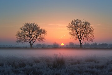 Morning mist in a wintry Dutch polder landscape. The sun is just rising and the grass is still frosted. In the foreground are two trees silhouetted against the sky