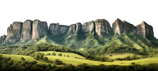 Majestic cliff faces overlooking a verdant valley at dawn, cut out - obrazy, fototapety, plakaty