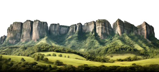Majestic cliff faces overlooking a verdant valley at dawn, cut out