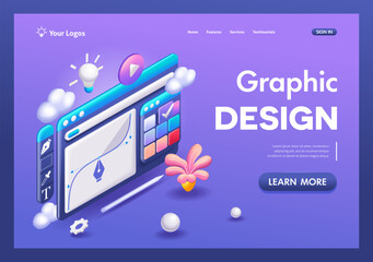 3D Isometric illustration, Cartoon. Display with vector design program. Vector graphics, graphic design. Trending Landing Page