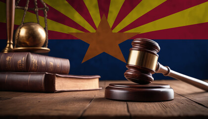 Justice gavel on Arizona flag. Law and justice in Arizona. Rights of citizens.
