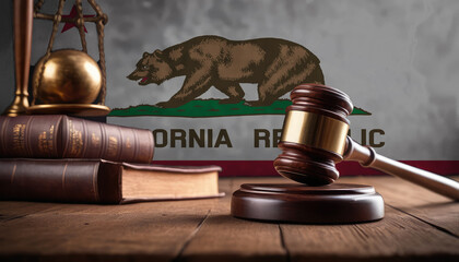 Justice gavel on California flag. Law and justice in California. Rights of citizens.