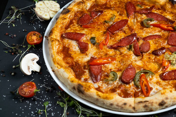 pizza alla diavola with spicy salami, mozzarella, tomato and basil. view from top. black stone background