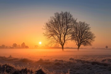 Morning mist in a wintry Dutch polder landscape. The sun is just rising and the grass is still frosted. In the foreground are two trees silhouetted against the sky - obrazy, fototapety, plakaty