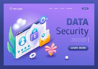 3D Isometric illustration, Cartoon. Secure, great design for any purposes. Protection network, safe data, antivirus. Trending Landing Page