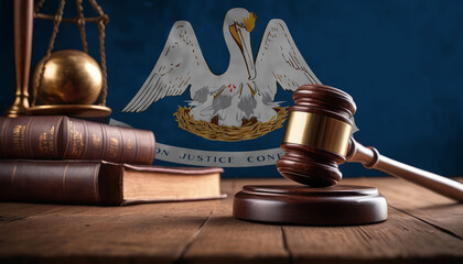 Justice gavel on Louisiana flag. Law and justice in Louisiana. Rights of citizens.