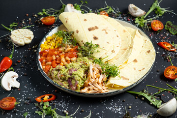 Mexican tacos on pita with vegetables salad, meat, pepper and corn on rustic wooden white table background. Recipe traditional food. Top flat view, overhead.