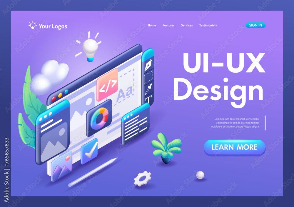Poster 3d isometric illustration, cartoon. web ui-ux design, web development concept. web design, applicati