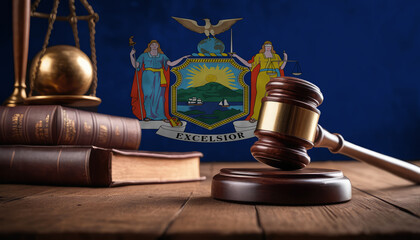 Justice gavel on New York flag. Law and justice in New York. Rights of citizens.