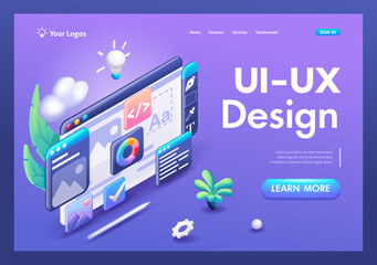 3D Isometric illustration, Cartoon. Web UI-UX design, web development concept. Web design, application design, coding, and web building. Trending Landing Page