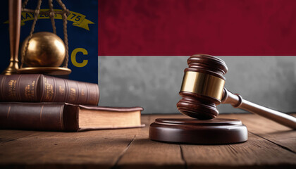 Justice gavel on North Carolina flag. Law and justice in North Carolina. Rights of citizens.