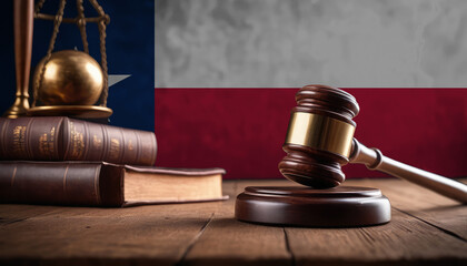Justice gavel on Texas flag. Law and justice in Texas. Rights of citizens.