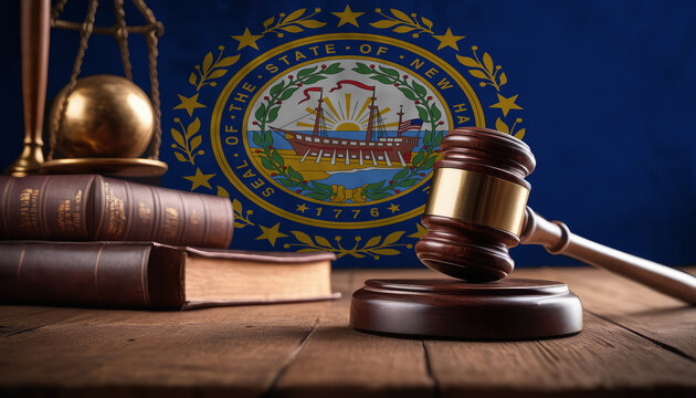 Justice gavel on New Hampshire flag. Law and justice in New Hampshire. Rights of citizens.